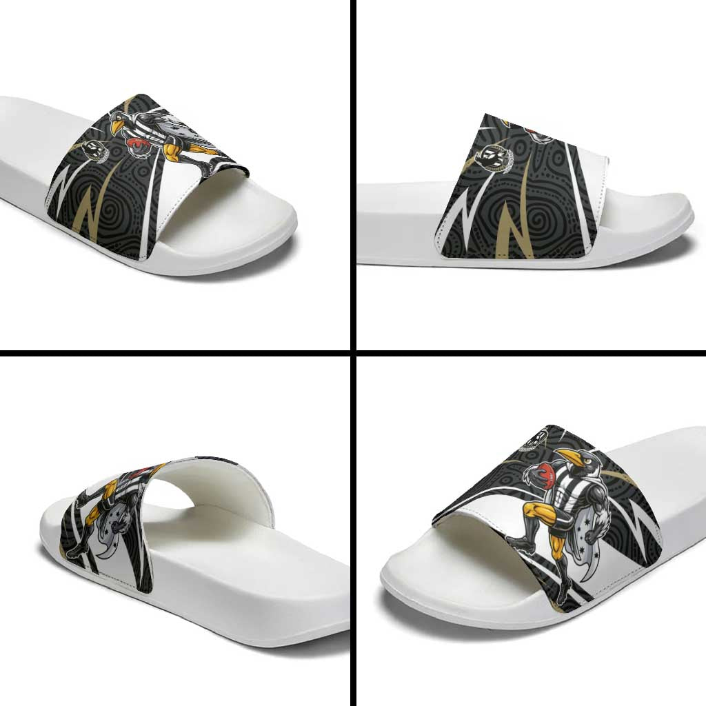 Collingwood Magpies Australian Football Slide Sandals Iconic Bird Mascot With Indigenous Pattern Art
