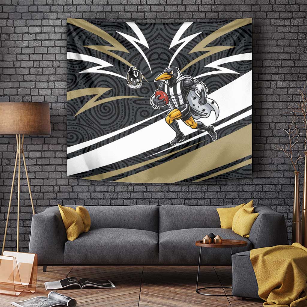 Collingwood Magpies Australian Football Tapestry Iconic Bird Mascot With Indigenous Pattern Art