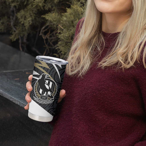 Collingwood Magpies Australian Football Tumbler Cup Iconic Bird Mascot With Indigenous Pattern Art