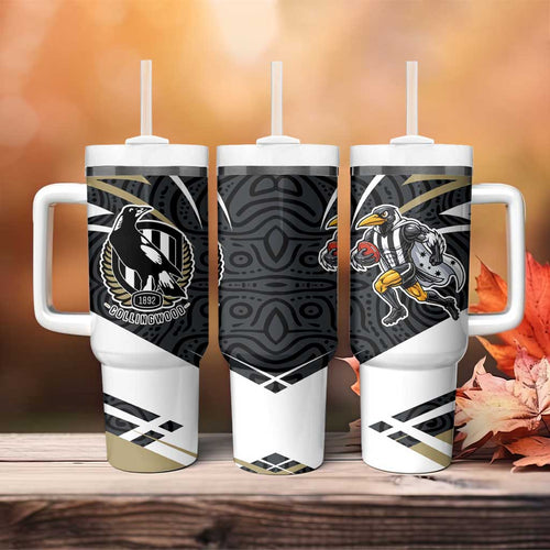 Collingwood Magpies Australian Football Tumbler With Handle Iconic Bird Mascot With Indigenous Pattern Art