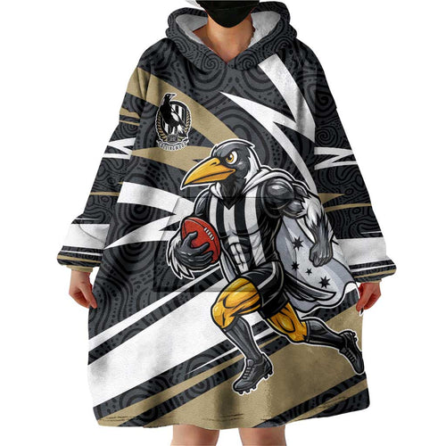 Collingwood Magpies Australian Football Wearable Blanket Hoodie Iconic Bird Mascot With Indigenous Pattern Art