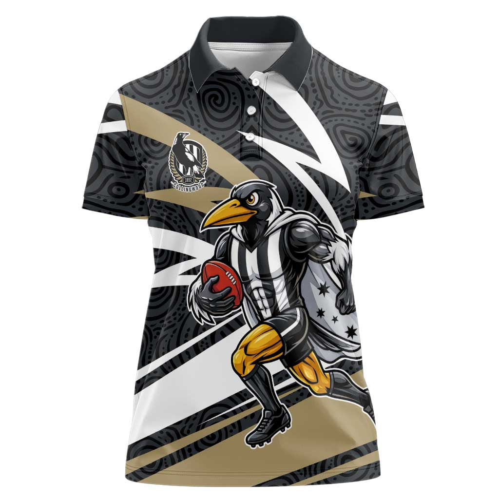 Collingwood Magpies Australian Football Women Polo Shirt Iconic Bird Mascot With Indigenous Pattern Art
