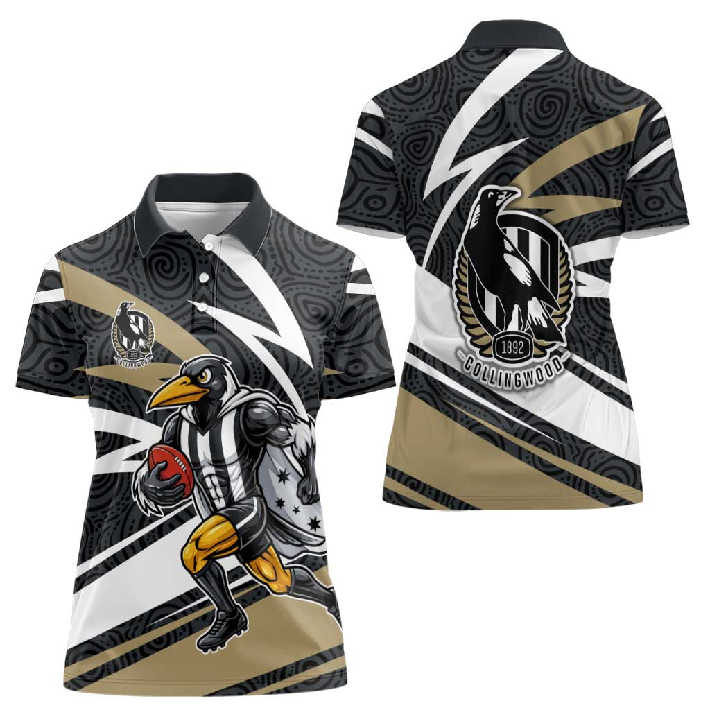 Collingwood Magpies Australian Football Women Polo Shirt Iconic Bird Mascot With Indigenous Pattern Art