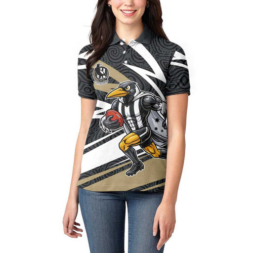 Collingwood Magpies Australian Football Women Polo Shirt Iconic Bird Mascot With Indigenous Pattern Art