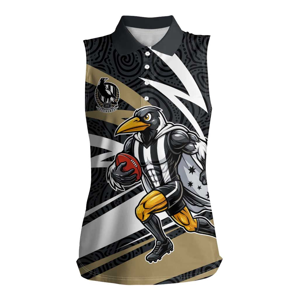 Collingwood Magpies Australian Football Women Sleeveless Polo Shirt Iconic Bird Mascot With Indigenous Pattern Art