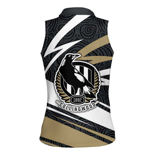Collingwood Magpies Australian Football Women Sleeveless Polo Shirt Iconic Bird Mascot With Indigenous Pattern Art