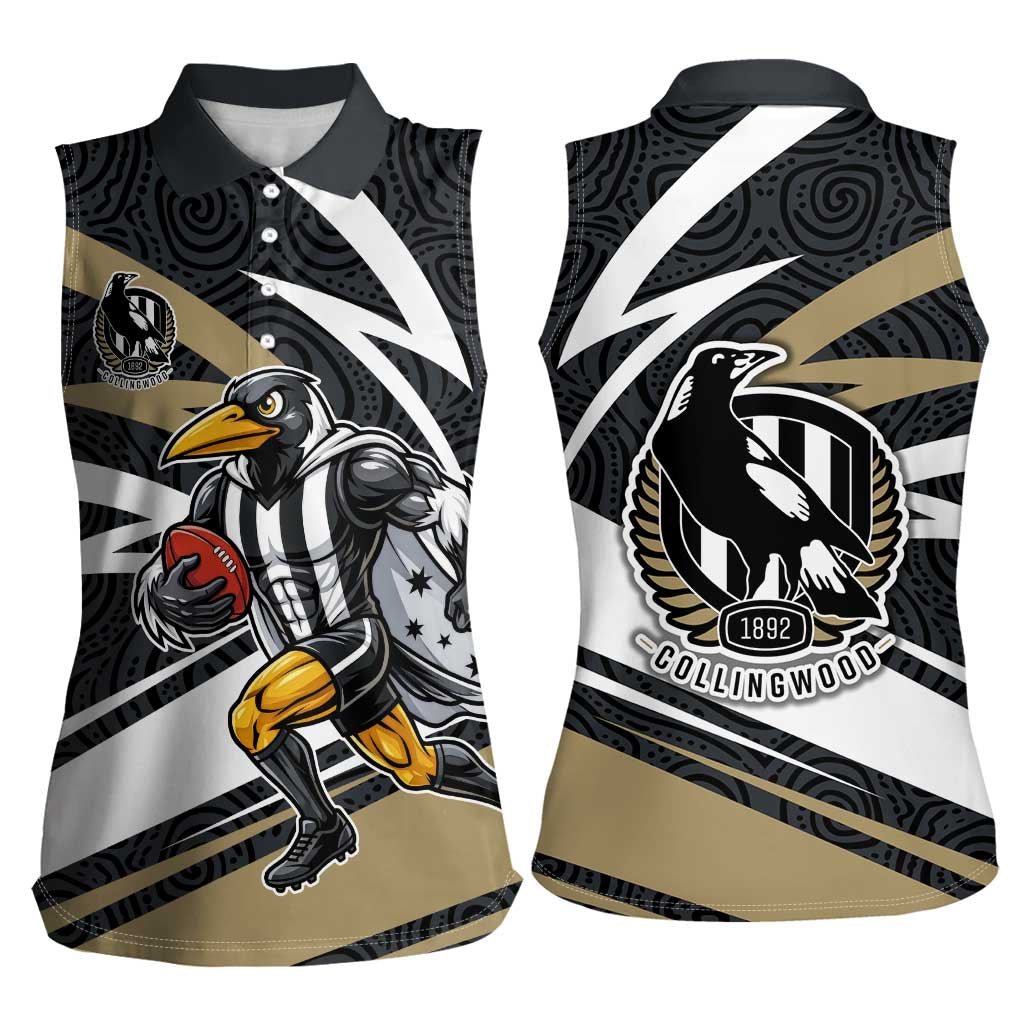Collingwood Magpies Australian Football Women Sleeveless Polo Shirt Iconic Bird Mascot With Indigenous Pattern Art