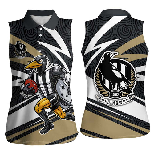 Collingwood Magpies Australian Football Women Sleeveless Polo Shirt Iconic Bird Mascot With Indigenous Pattern Art