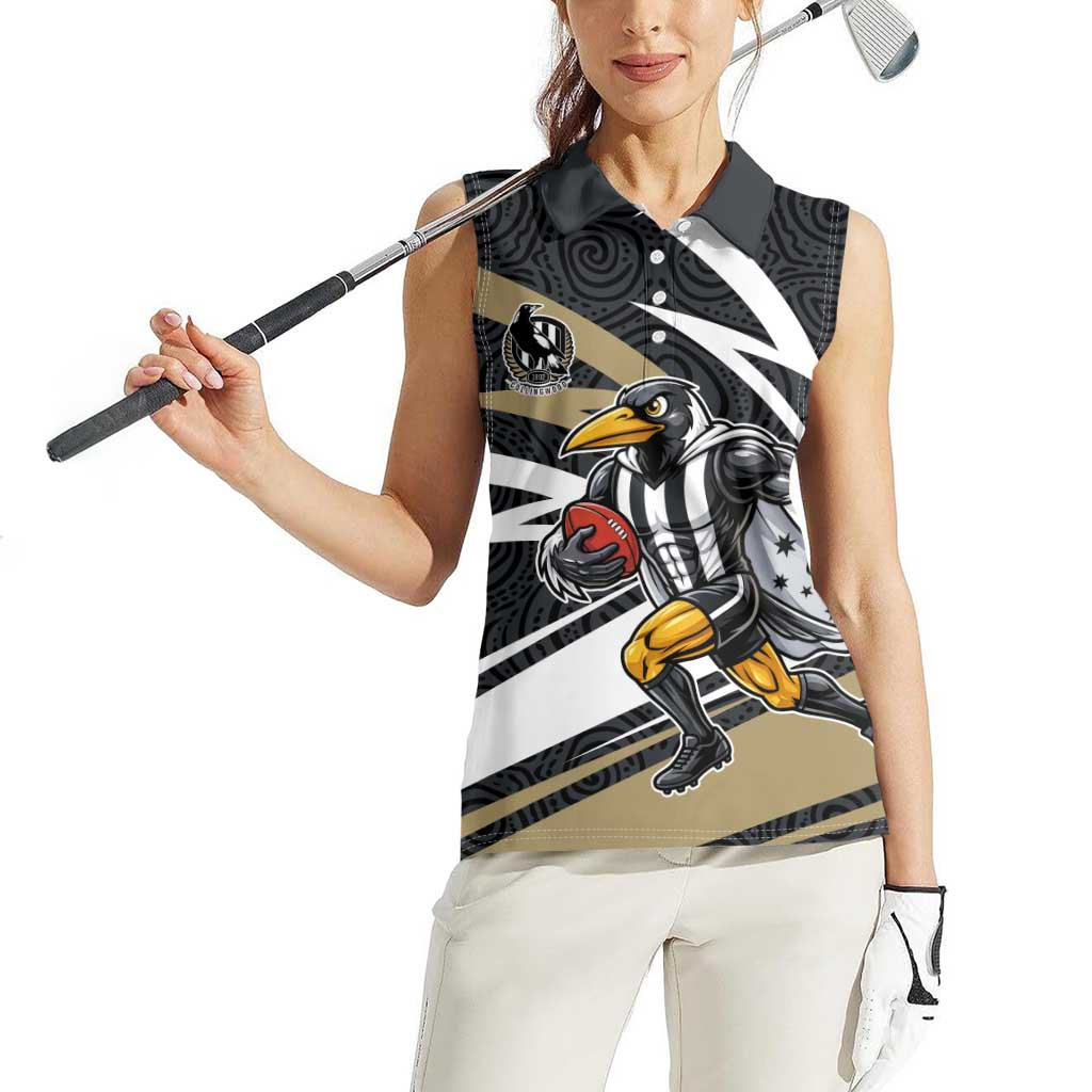 Collingwood Magpies Australian Football Women Sleeveless Polo Shirt Iconic Bird Mascot With Indigenous Pattern Art