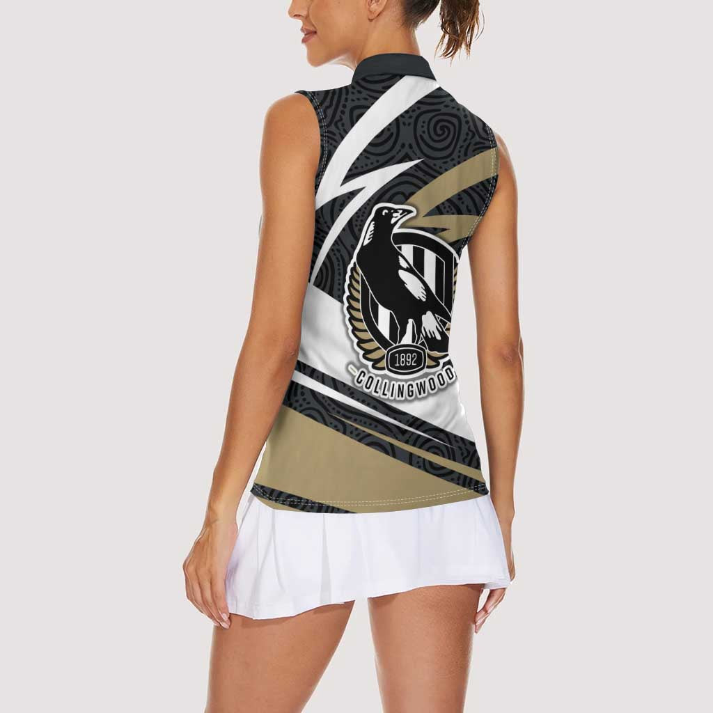 Collingwood Magpies Australian Football Women Sleeveless Polo Shirt Iconic Bird Mascot With Indigenous Pattern Art