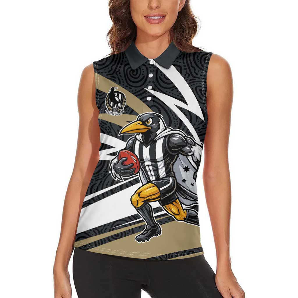Collingwood Magpies Australian Football Women Sleeveless Polo Shirt Iconic Bird Mascot With Indigenous Pattern Art