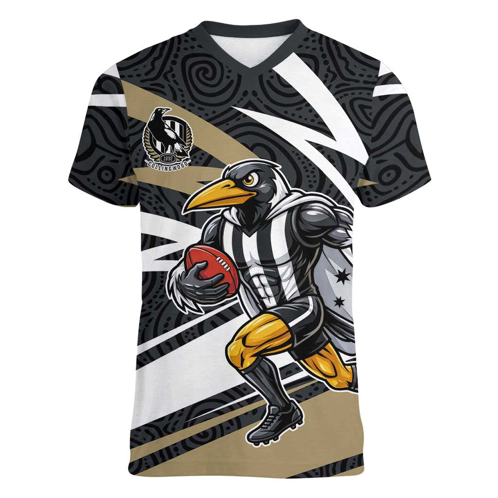 Collingwood Magpies Australian Football Women V-Neck T-Shirt Iconic Bird Mascot With Indigenous Pattern Art