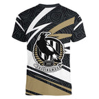 Collingwood Magpies Australian Football Women V-Neck T-Shirt Iconic Bird Mascot With Indigenous Pattern Art