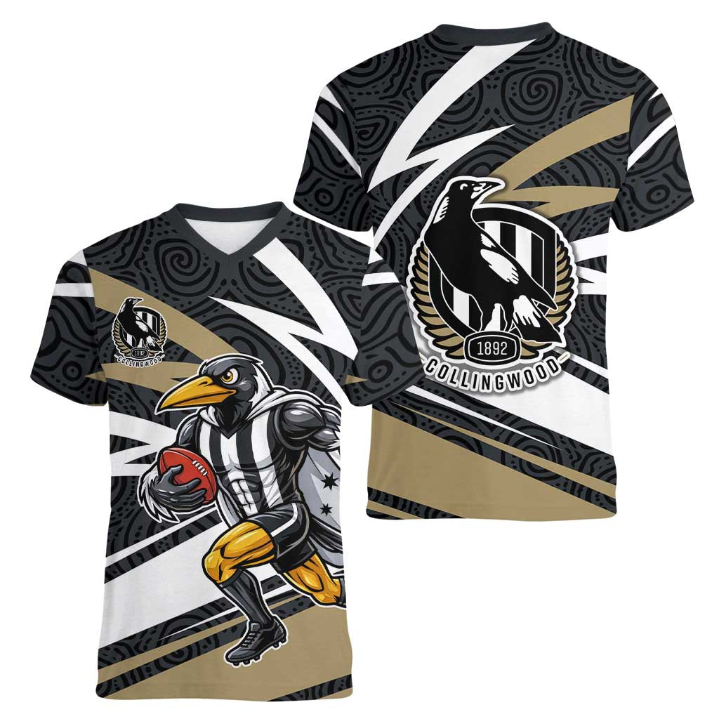 Collingwood Magpies Australian Football Women V-Neck T-Shirt Iconic Bird Mascot With Indigenous Pattern Art