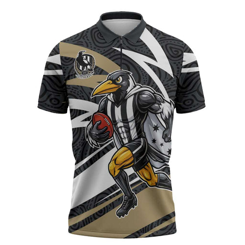 Collingwood Magpies Australian Football Zipper Polo Shirt Iconic Bird Mascot With Indigenous Pattern Art