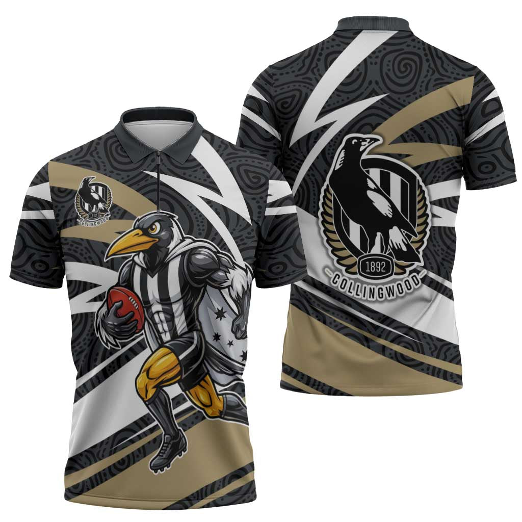 Collingwood Magpies Australian Football Zipper Polo Shirt Iconic Bird Mascot With Indigenous Pattern Art