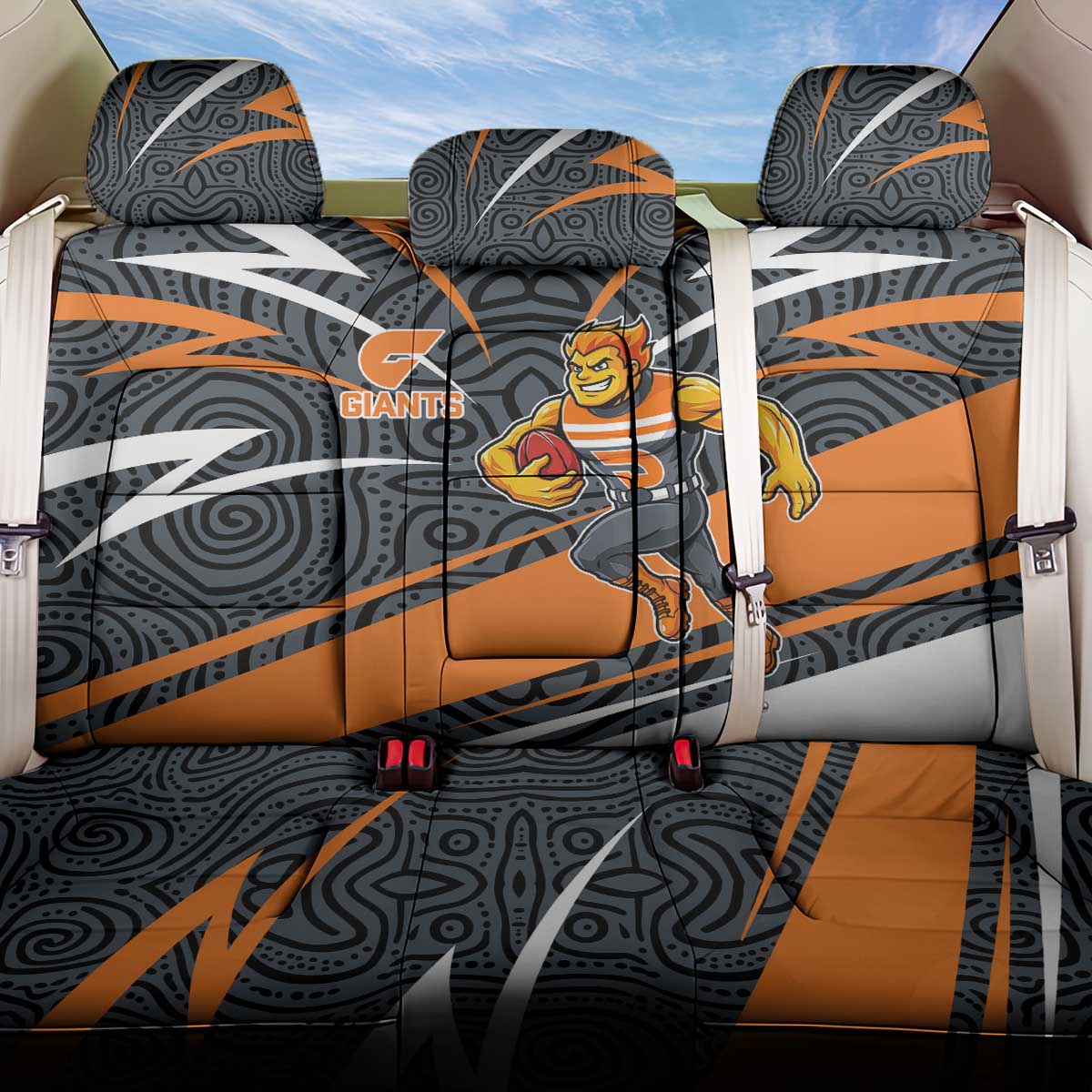 Greater Western Sydney Giants Australian Football Back Car Seat Cover Athletic Hero Mascot With Indigenous Pattern Art
