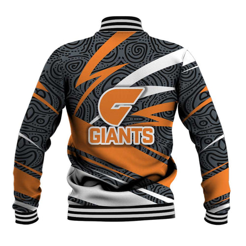 Greater Western Sydney Giants Australian Football Baseball Jacket Athletic Hero Mascot With Indigenous Pattern Art