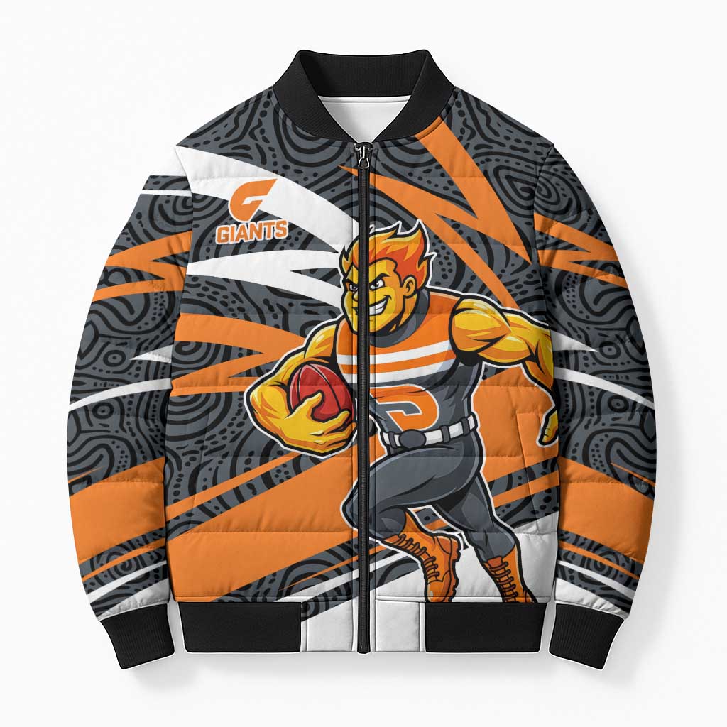 Greater Western Sydney Giants Australian Football Bomber Puffer Jacket Athletic Hero Mascot With Indigenous Pattern Art