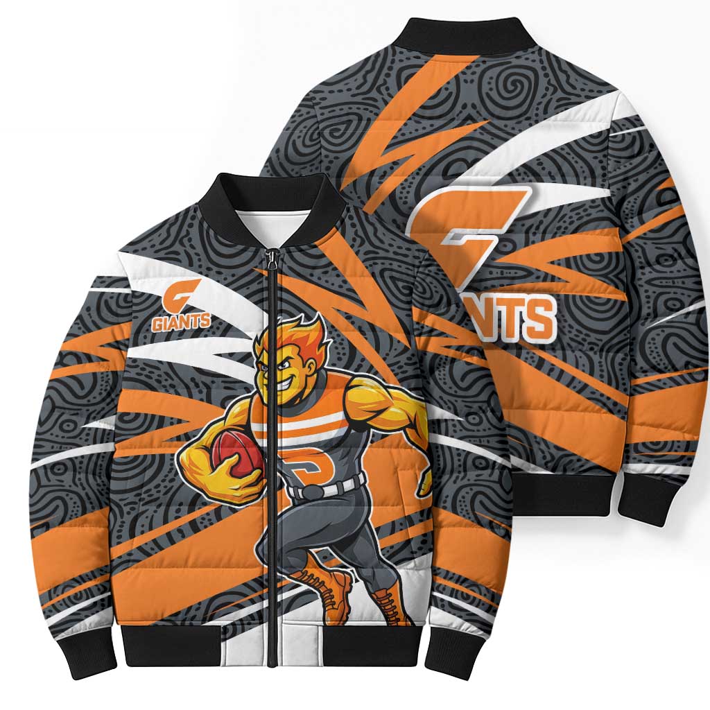 Greater Western Sydney Giants Australian Football Bomber Puffer Jacket Athletic Hero Mascot With Indigenous Pattern Art