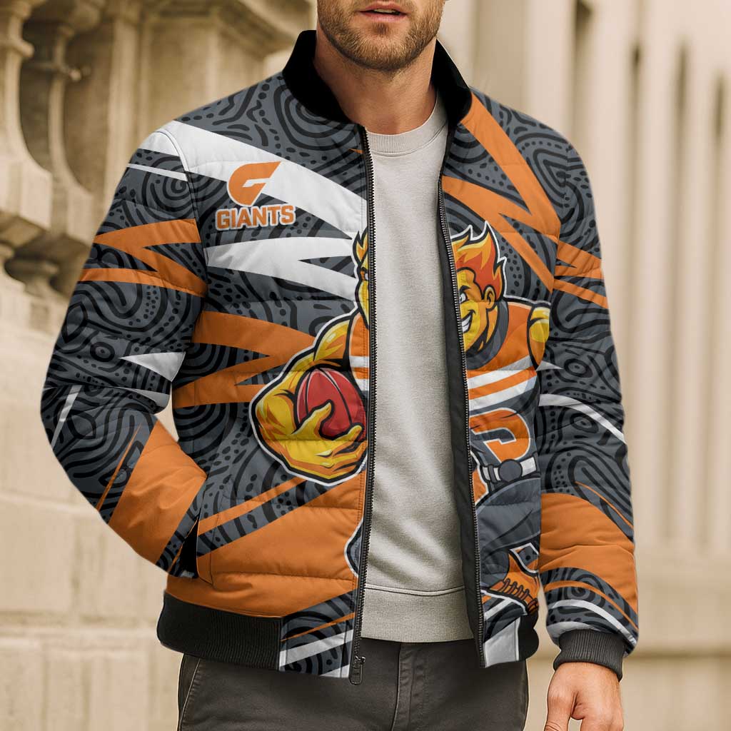 Greater Western Sydney Giants Australian Football Bomber Puffer Jacket Athletic Hero Mascot With Indigenous Pattern Art