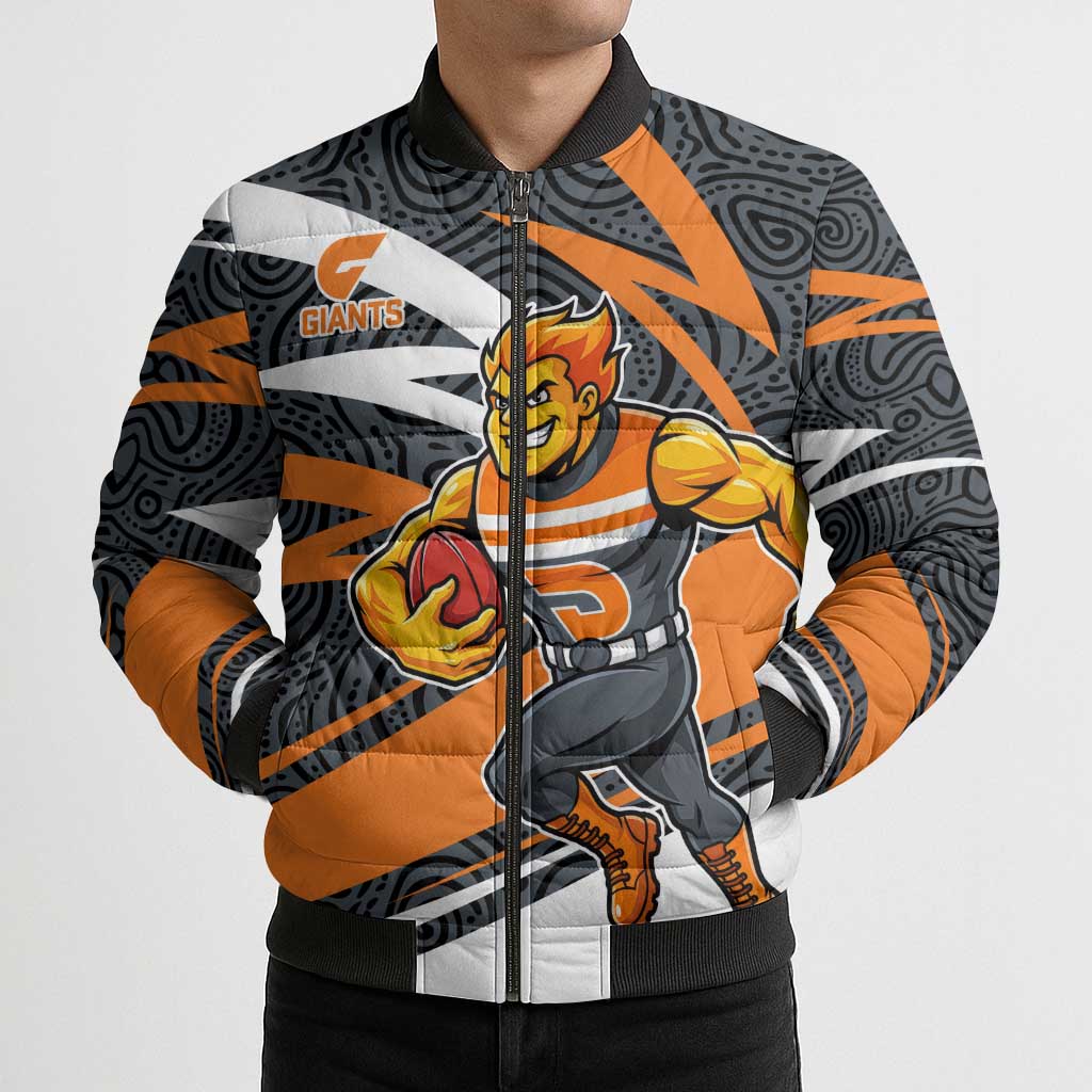 Greater Western Sydney Giants Australian Football Bomber Puffer Jacket Athletic Hero Mascot With Indigenous Pattern Art
