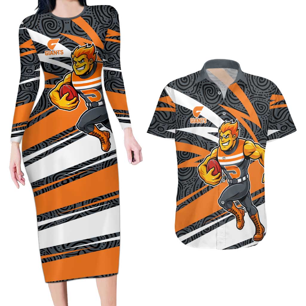 Greater Western Sydney Giants Australian Football Couples Matching Long Sleeve Bodycon Dress and Hawaiian Shirt Athletic Hero Mascot With Indigenous Pattern Art