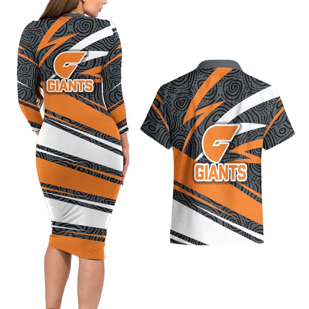 Greater Western Sydney Giants Australian Football Couples Matching Long Sleeve Bodycon Dress and Hawaiian Shirt Athletic Hero Mascot With Indigenous Pattern Art