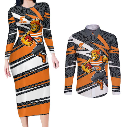 Greater Western Sydney Giants Australian Football Couples Matching Long Sleeve Bodycon Dress and Long Sleeve Button Shirt Athletic Hero Mascot With Indigenous Pattern Art
