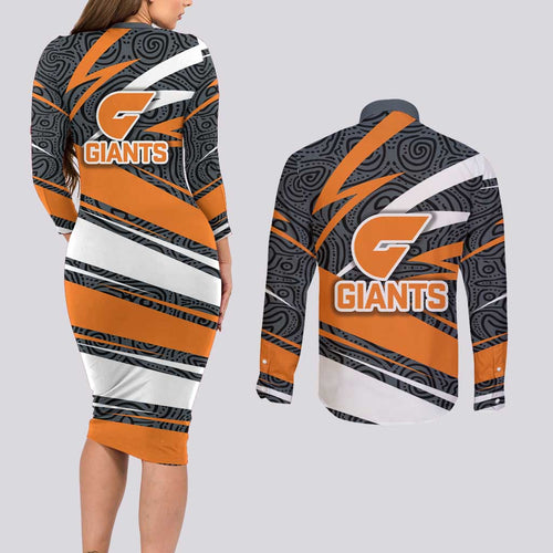 Greater Western Sydney Giants Australian Football Couples Matching Long Sleeve Bodycon Dress and Long Sleeve Button Shirt Athletic Hero Mascot With Indigenous Pattern Art