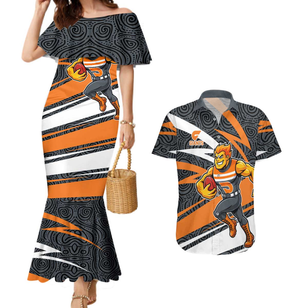Greater Western Sydney Giants Australian Football Couples Matching Mermaid Dress and Hawaiian Shirt Athletic Hero Mascot With Indigenous Pattern Art