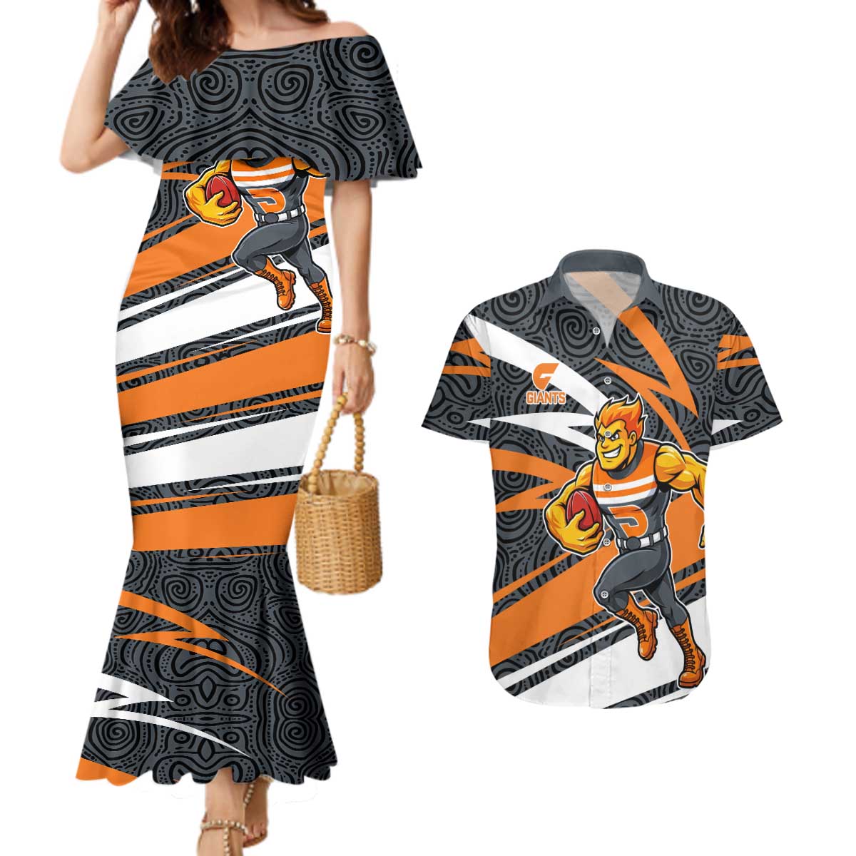 Greater Western Sydney Giants Australian Football Couples Matching Mermaid Dress and Hawaiian Shirt Athletic Hero Mascot With Indigenous Pattern Art