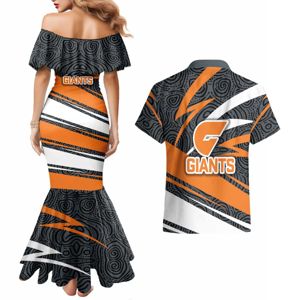 Greater Western Sydney Giants Australian Football Couples Matching Mermaid Dress and Hawaiian Shirt Athletic Hero Mascot With Indigenous Pattern Art