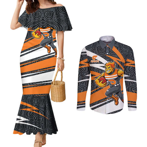 Greater Western Sydney Giants Australian Football Couples Matching Mermaid Dress and Long Sleeve Button Shirt Athletic Hero Mascot With Indigenous Pattern Art
