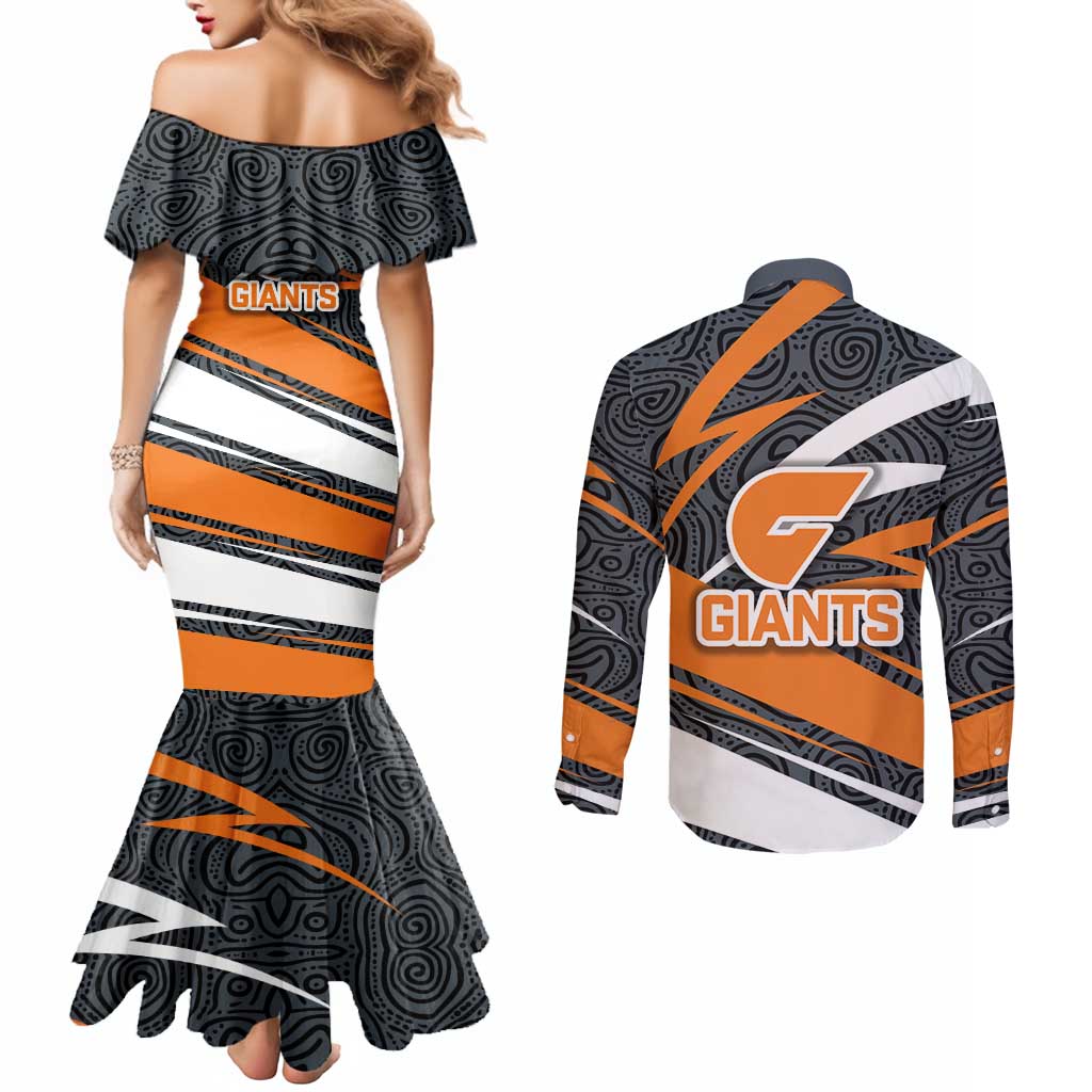 Greater Western Sydney Giants Australian Football Couples Matching Mermaid Dress and Long Sleeve Button Shirt Athletic Hero Mascot With Indigenous Pattern Art