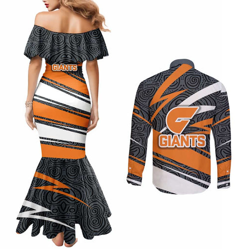 Greater Western Sydney Giants Australian Football Couples Matching Mermaid Dress and Long Sleeve Button Shirt Athletic Hero Mascot With Indigenous Pattern Art