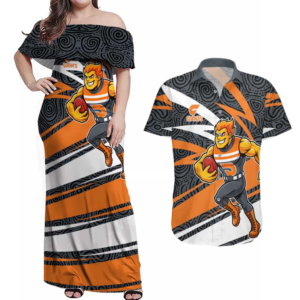 Greater Western Sydney Giants Australian Football Couples Matching Off Shoulder Maxi Dress and Hawaiian Shirt Athletic Hero Mascot With Indigenous Pattern Art