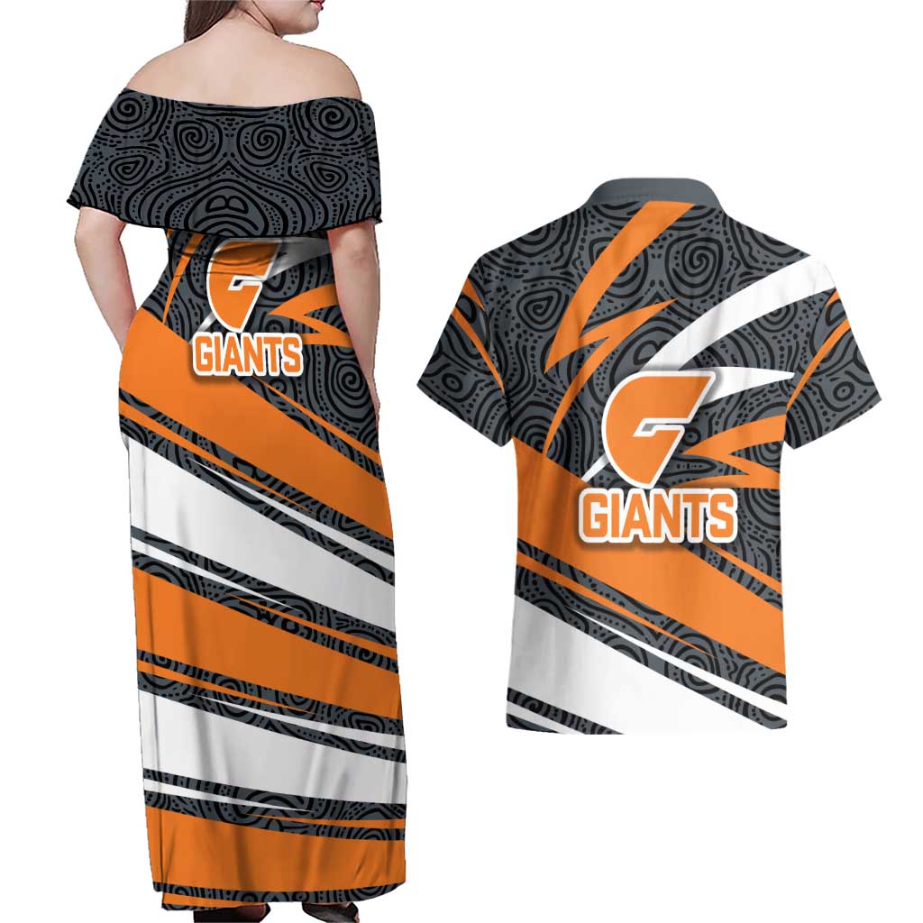 Greater Western Sydney Giants Australian Football Couples Matching Off Shoulder Maxi Dress and Hawaiian Shirt Athletic Hero Mascot With Indigenous Pattern Art