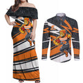 Greater Western Sydney Giants Australian Football Couples Matching Off Shoulder Maxi Dress and Long Sleeve Button Shirt Athletic Hero Mascot With Indigenous Pattern Art
