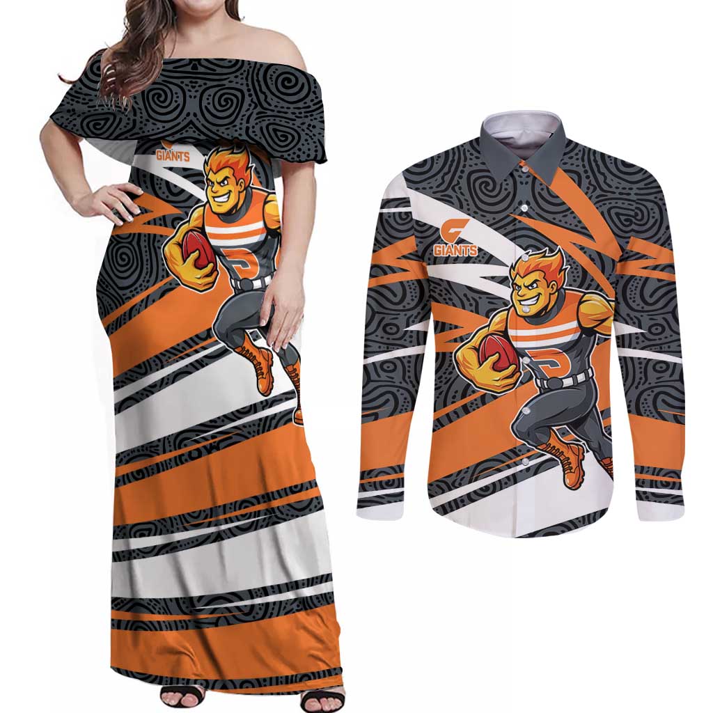 Greater Western Sydney Giants Australian Football Couples Matching Off Shoulder Maxi Dress and Long Sleeve Button Shirt Athletic Hero Mascot With Indigenous Pattern Art