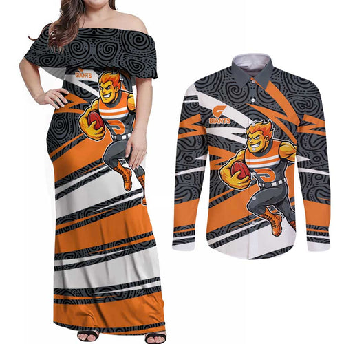 Greater Western Sydney Giants Australian Football Couples Matching Off Shoulder Maxi Dress and Long Sleeve Button Shirt Athletic Hero Mascot With Indigenous Pattern Art
