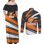 Greater Western Sydney Giants Australian Football Couples Matching Off Shoulder Maxi Dress and Long Sleeve Button Shirt Athletic Hero Mascot With Indigenous Pattern Art