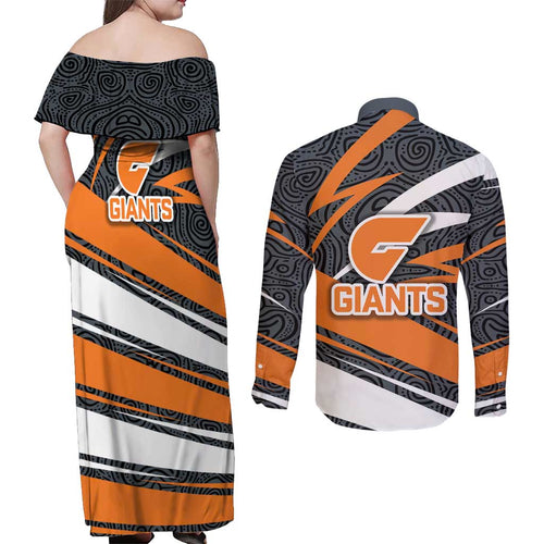 Greater Western Sydney Giants Australian Football Couples Matching Off Shoulder Maxi Dress and Long Sleeve Button Shirt Athletic Hero Mascot With Indigenous Pattern Art