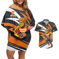 Greater Western Sydney Giants Australian Football Couples Matching Off Shoulder Short Dress and Hawaiian Shirt Athletic Hero Mascot With Indigenous Pattern Art