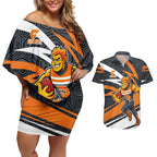 Greater Western Sydney Giants Australian Football Couples Matching Off Shoulder Short Dress and Hawaiian Shirt Athletic Hero Mascot With Indigenous Pattern Art