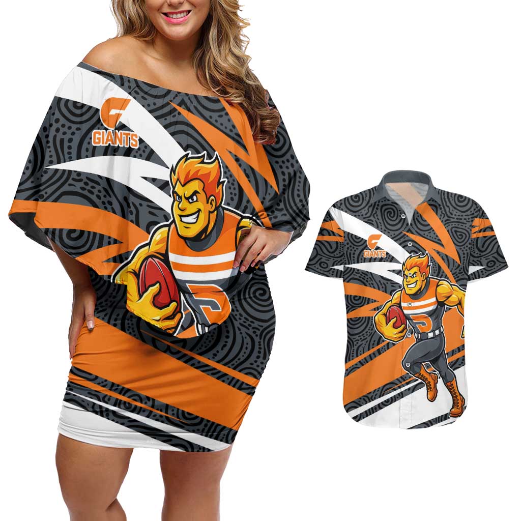 Greater Western Sydney Giants Australian Football Couples Matching Off Shoulder Short Dress and Hawaiian Shirt Athletic Hero Mascot With Indigenous Pattern Art