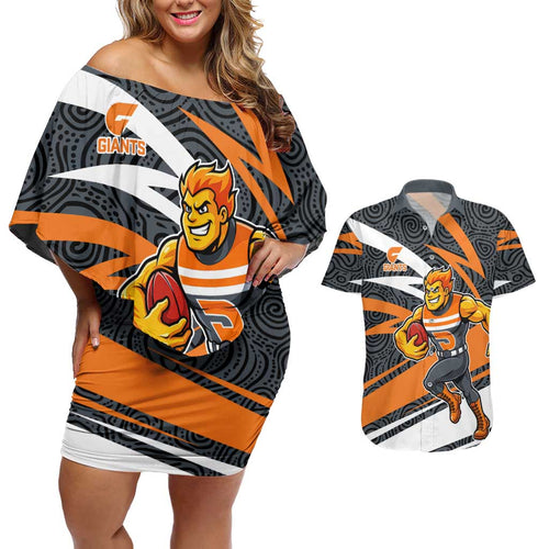 Greater Western Sydney Giants Australian Football Couples Matching Off Shoulder Short Dress and Hawaiian Shirt Athletic Hero Mascot With Indigenous Pattern Art
