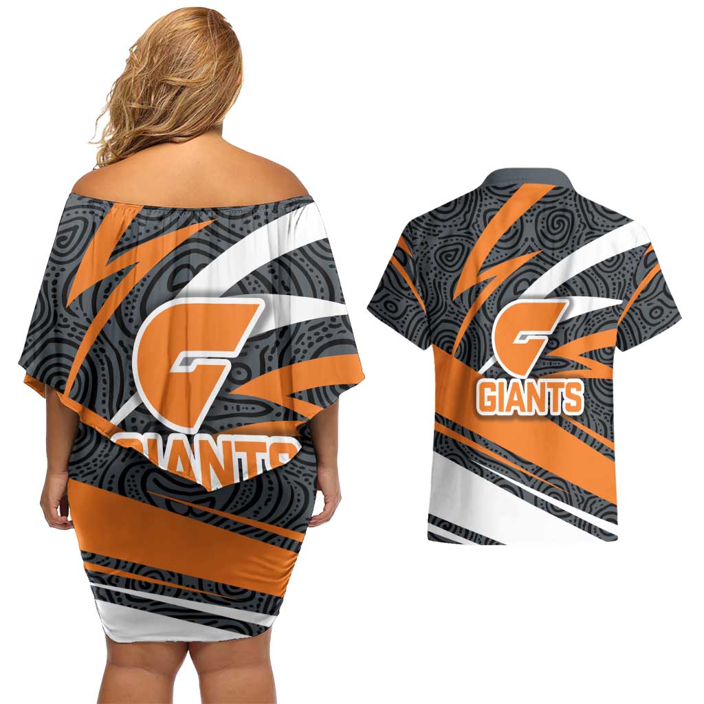 Greater Western Sydney Giants Australian Football Couples Matching Off Shoulder Short Dress and Hawaiian Shirt Athletic Hero Mascot With Indigenous Pattern Art
