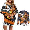Greater Western Sydney Giants Australian Football Couples Matching Off Shoulder Short Dress and Long Sleeve Button Shirt Athletic Hero Mascot With Indigenous Pattern Art