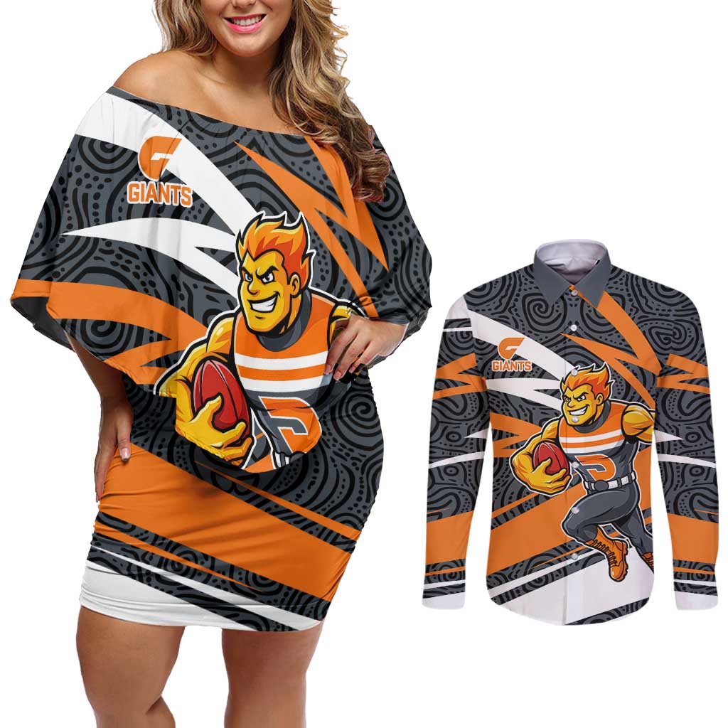 Greater Western Sydney Giants Australian Football Couples Matching Off Shoulder Short Dress and Long Sleeve Button Shirt Athletic Hero Mascot With Indigenous Pattern Art